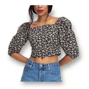 LEVI Floral Puff Sleeve Smocked Crop Top - Square Neck Black White